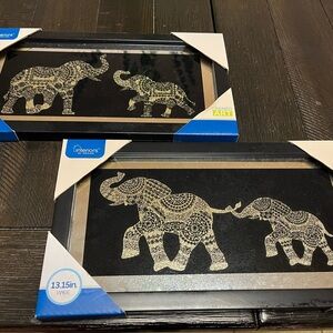 New Gold and Black Elephant Art Wall Decor (2) with Intricate Patterns